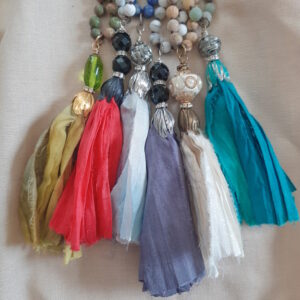 long beaded necklace with silk tassel