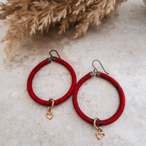 red cork earrings with heart dangle by french ostrich