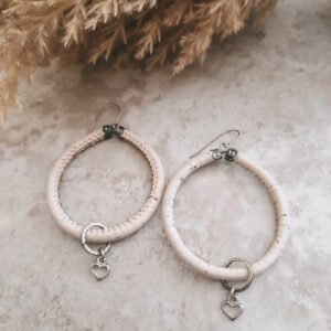 cork hoop earrings with heart dangle by french ostrich