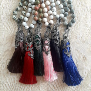 beaded necklace with marcasite and silk tassel by french ostrich