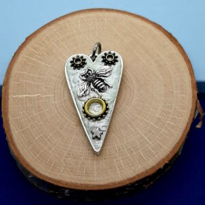 silver heart mosaic pendant with bumble bee - french ostrich