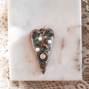 copper mosaic heart pendant with hummingbird by french ostrich