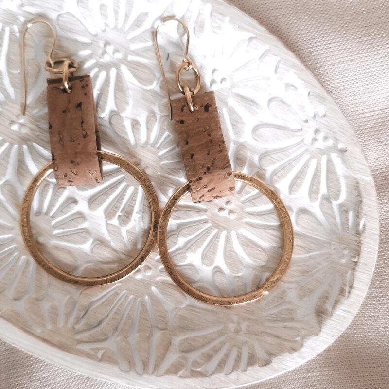 cork earrings with large gold hoop french ostrich