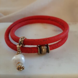 red cork choker with pearl by french ostrich