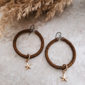 brown cork hoop earrings with star dangle by french ostrich