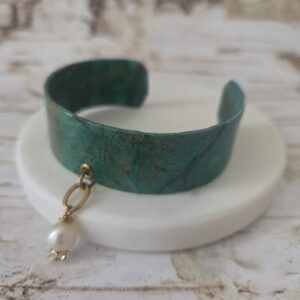 teal cuff bracelet with pearl dangle by french ostrich